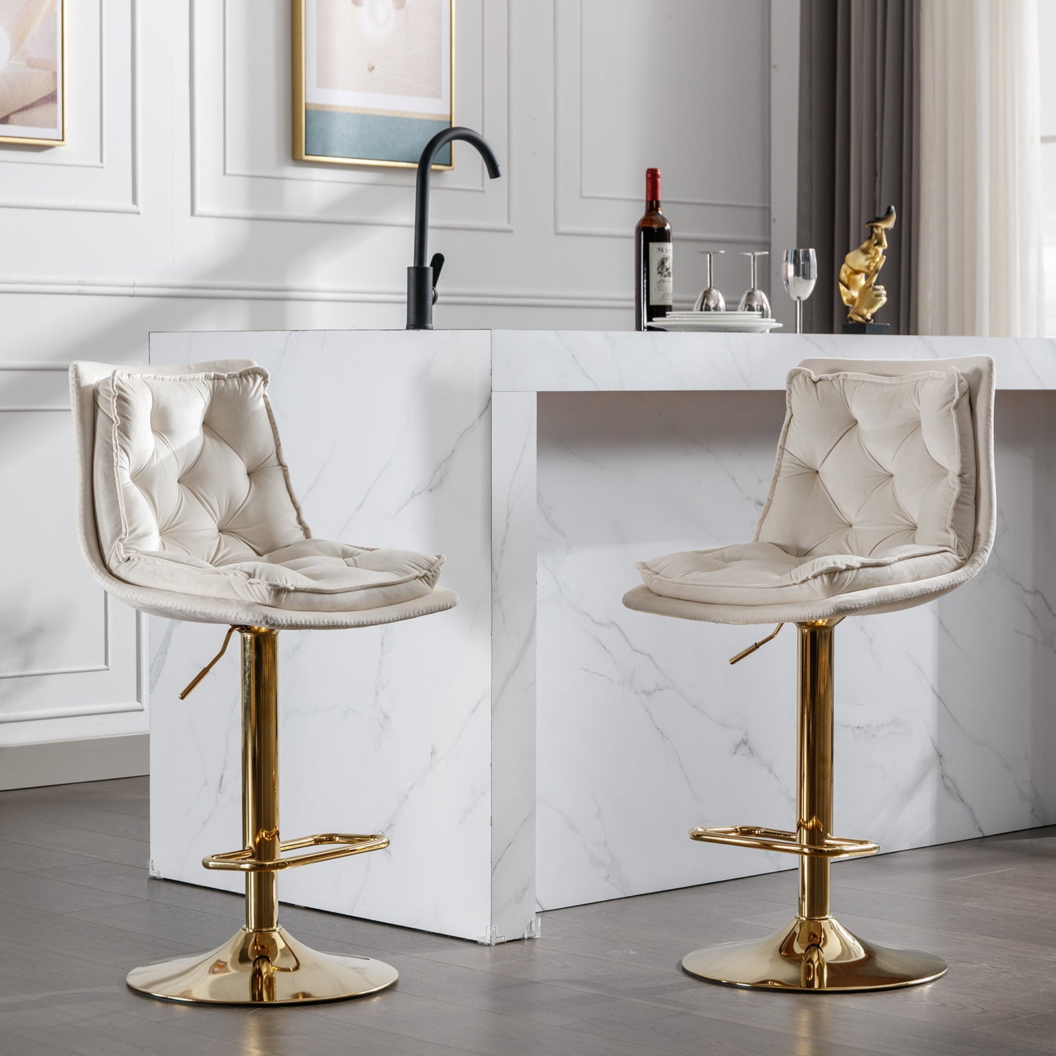 Set of 2 Bar Stools — Chrome Footrest, Swivel Height-Adjustable Velvet Seat, Golden Legs