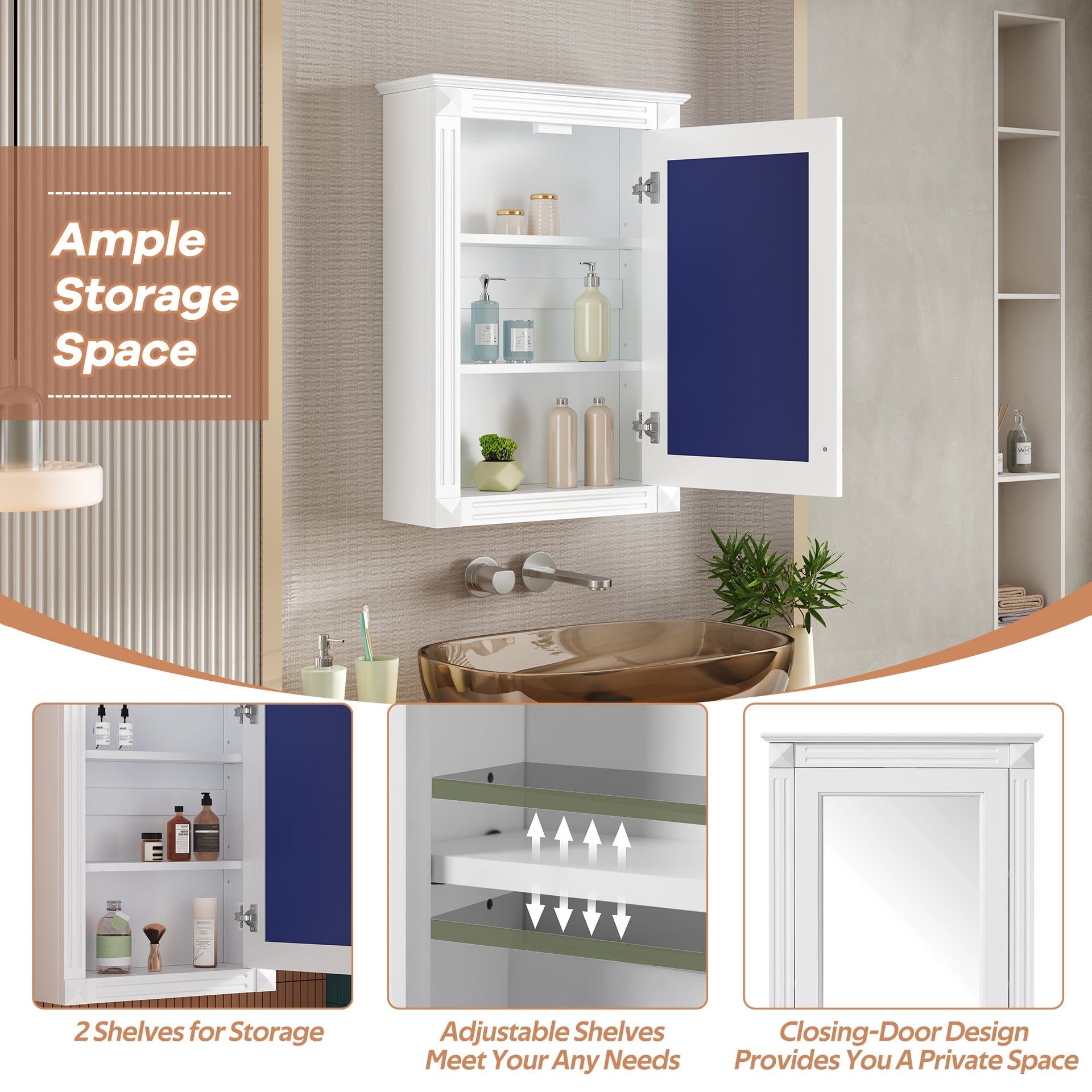 Wall Mounted Bathroom Storage Cabinet with Mirror, Adjustable Shelf, Over-the-Toilet