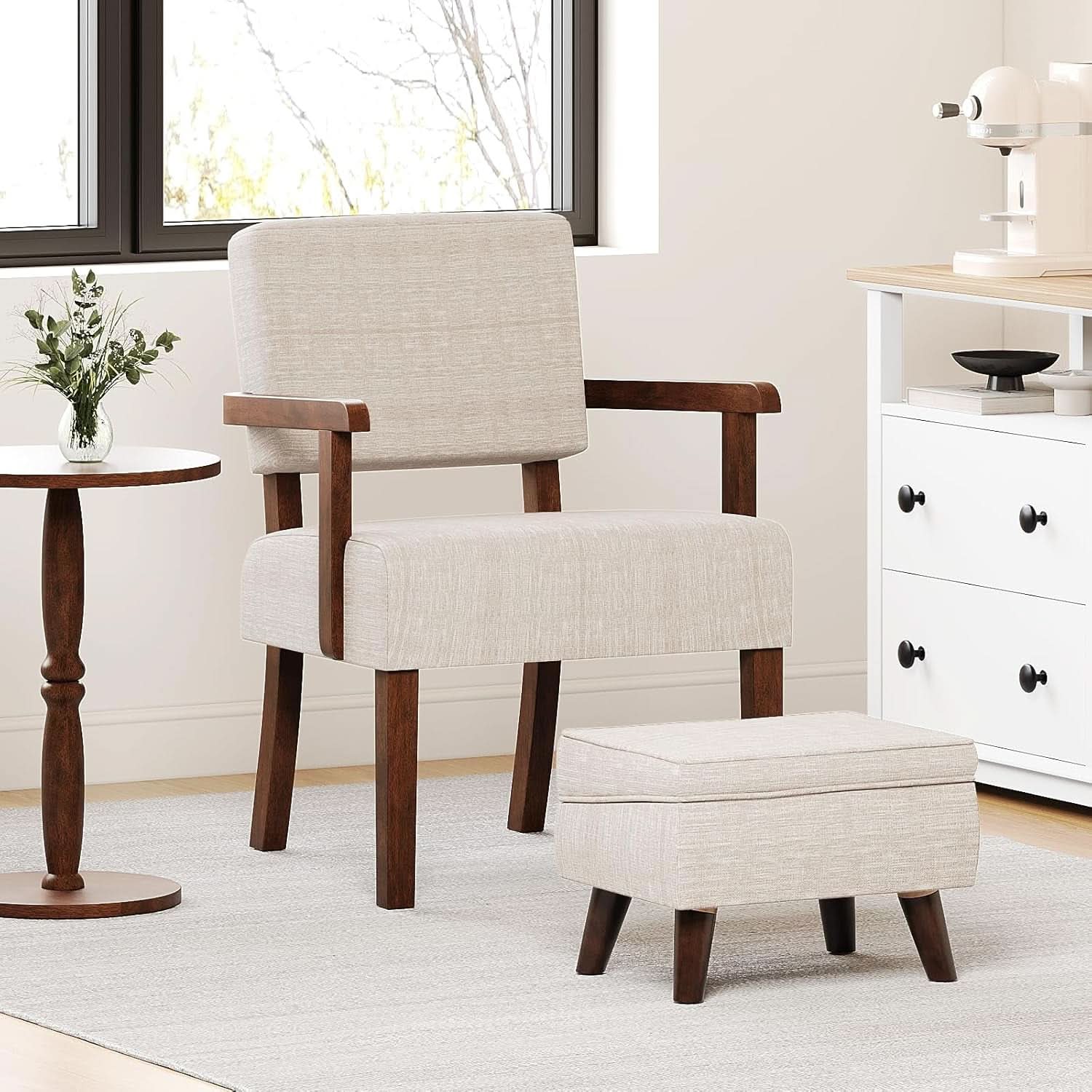 Beige Upholstered Storage Ottoman With Removable Lid