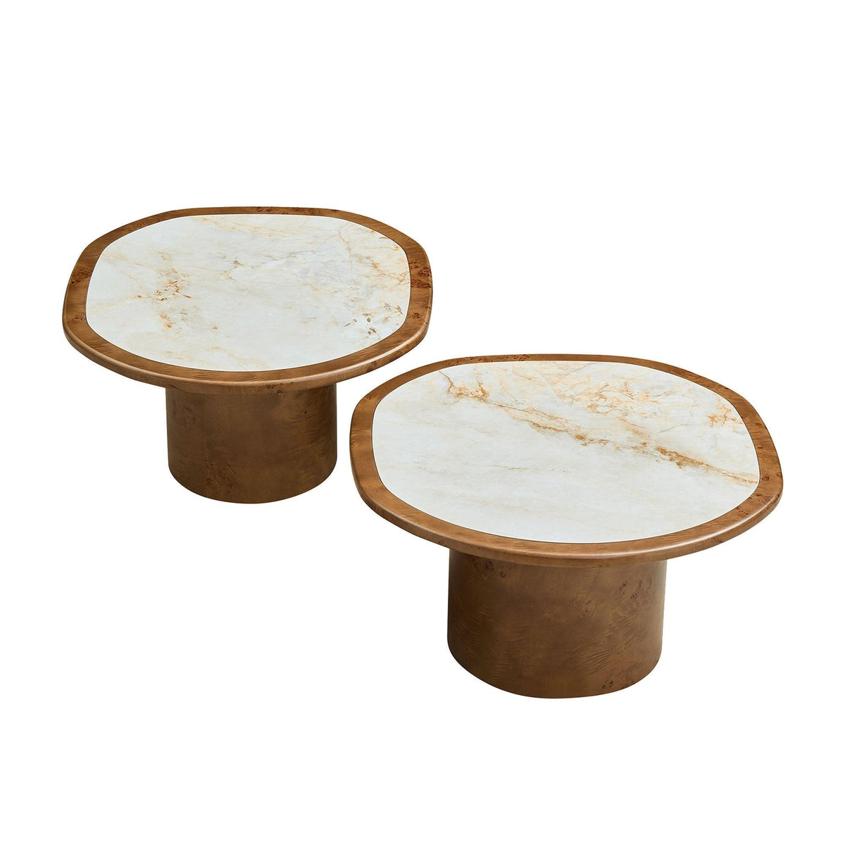 Set of 2 Walnut Burl Wood Nesting Coffee Table Set with Sintered Stone Top