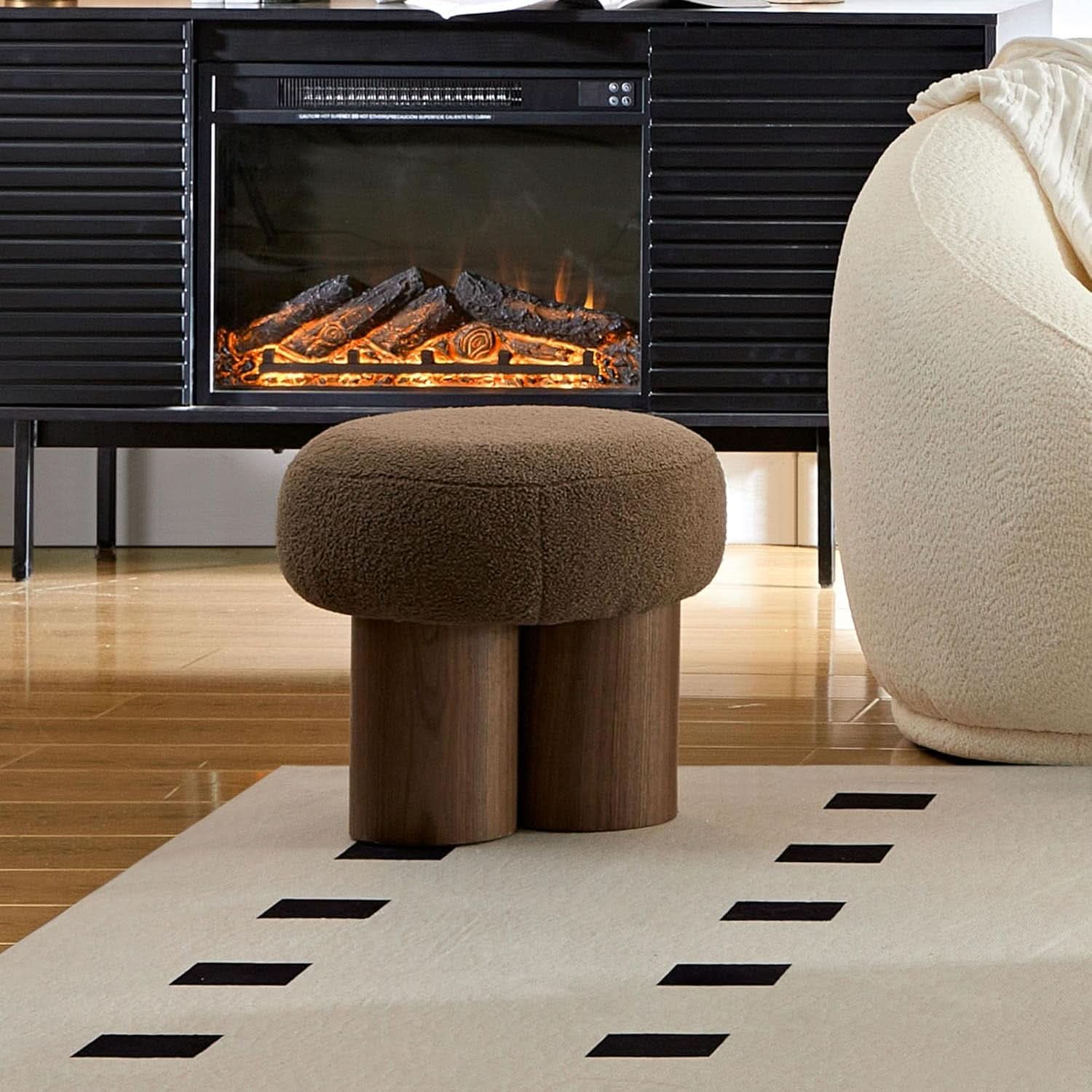 Compact Round Footstool Ottoman Brown Teddy Fabric