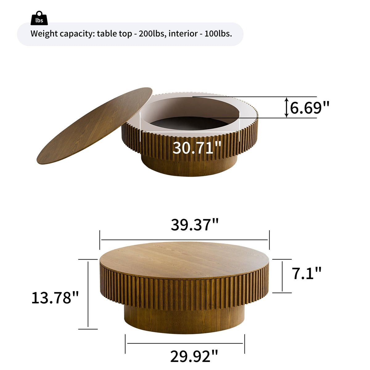 Modern Brown Round Mushroom Coffee Table with Hidden Storage