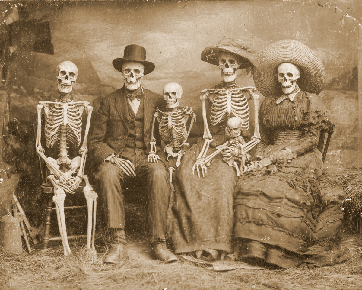 Halloween Art Print - Skeleton Family 8x10 with Acid Free Mat and Rustic Decor