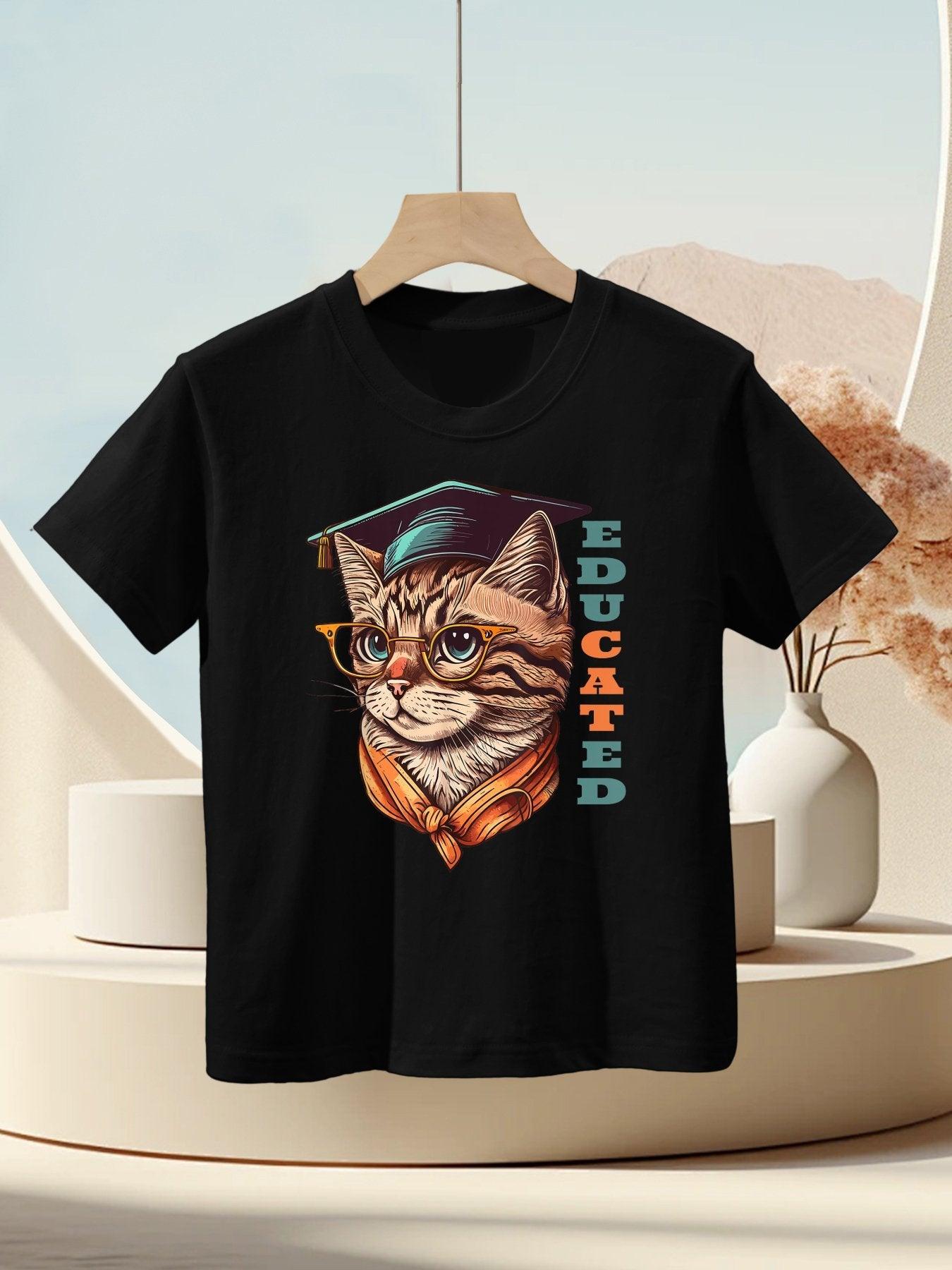 Educated Cat in Graduation Cap Funny Graduation Decorations Kids T-Shirt
