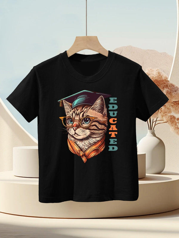 Educated Cat in Graduation Cap Funny Graduation Decorations Kids T-Shirt