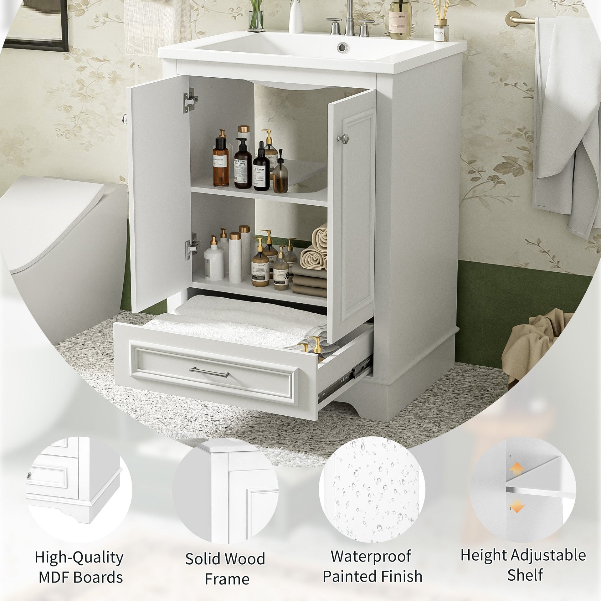 Bathroom Vanity with Ceramic Sink and Modern Freestanding Storage Cabinet, Soft-Close Doors