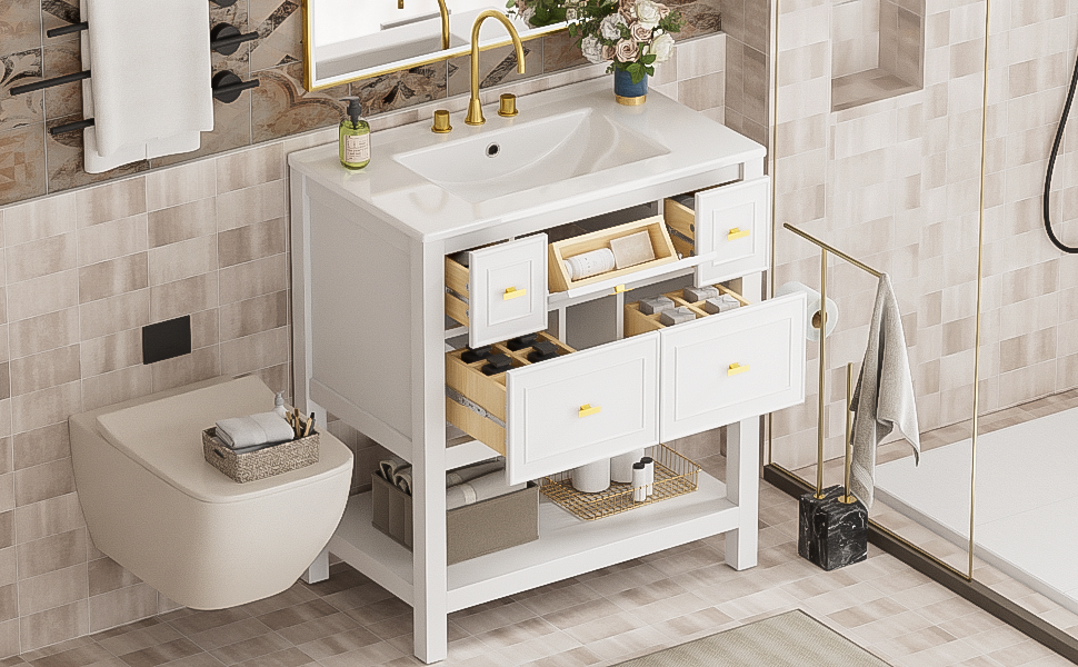 30'' Bathroom Vanity with Ceramic Sink Combo, Free Standing Single Vanity Set with 5 Drawers, Solid Wood Frame Bathroom Storage Cabinet, White