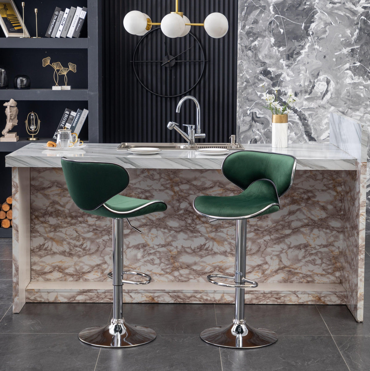 Green Velvet Adjustable Swivel Bar Stools with Chrome Base & Footrest – Set of 2