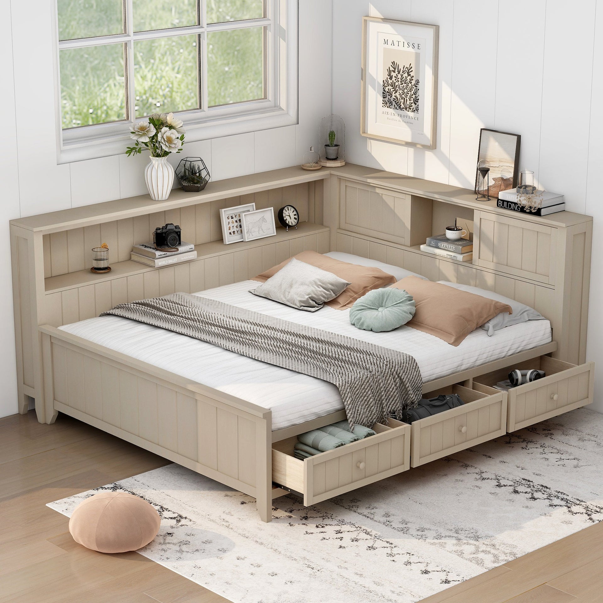 Full Size Wood Daybed with Storage Shelves and 3 Drawers, Antique