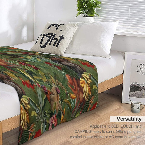 Tropical Monkey Jungle Pattern - Dark Green Botanical Night Garden Nightgarden Plush Throw Blanket