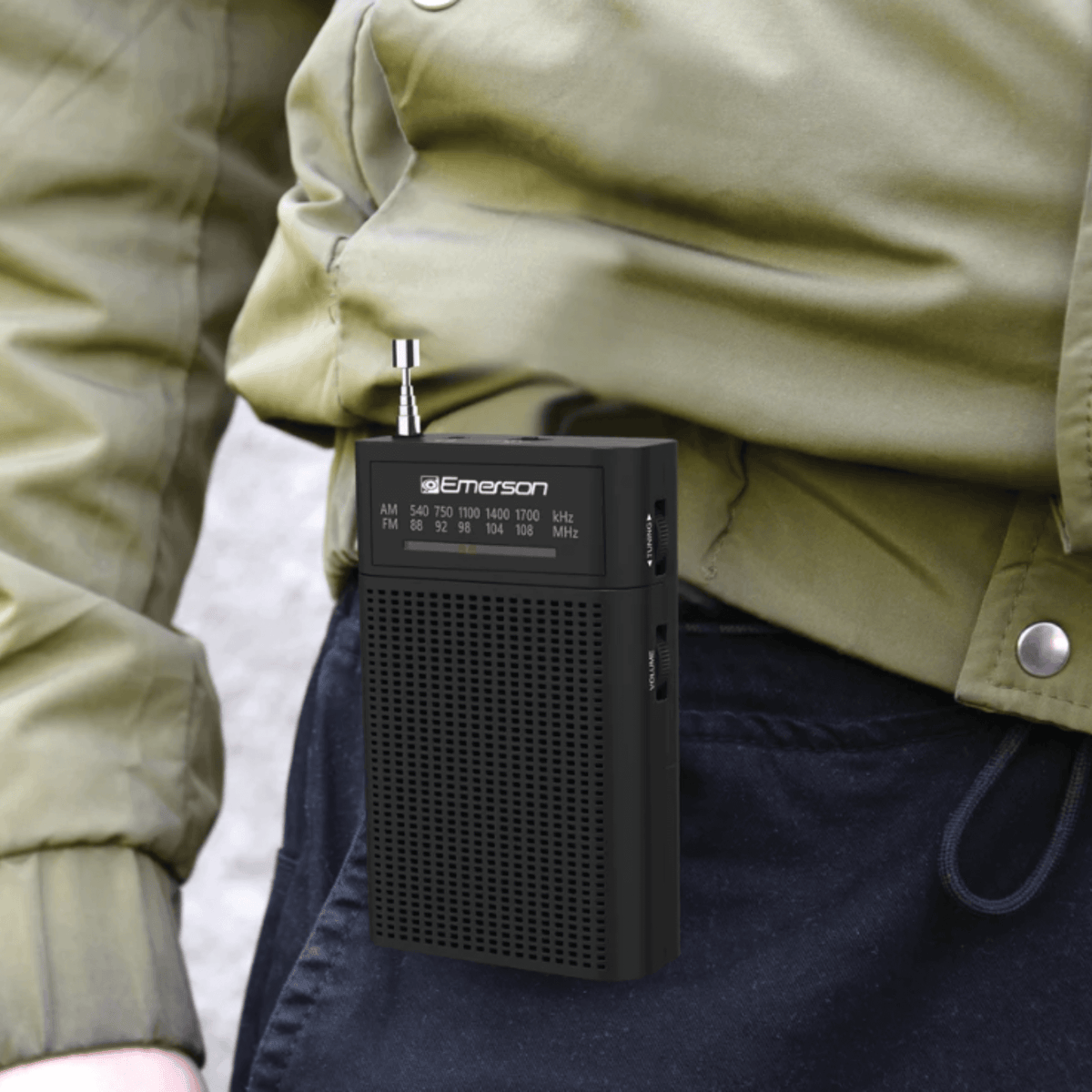 Emerson Portable AMFM Radio with Built-In Speaker and Easy Removable Belt Clip