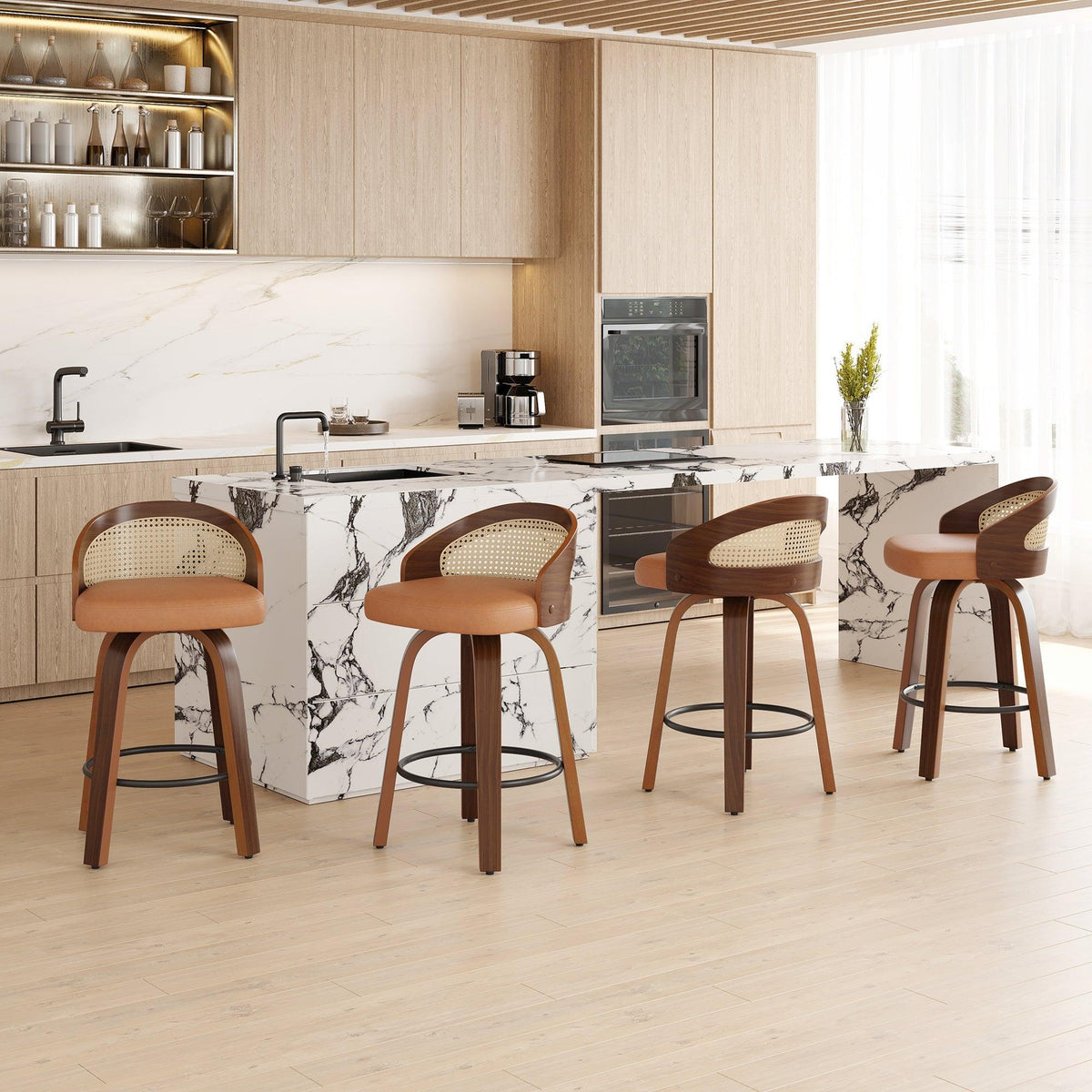 Modern Wood Frame with Rattan Back, Swivel Bar Stools Set of 2