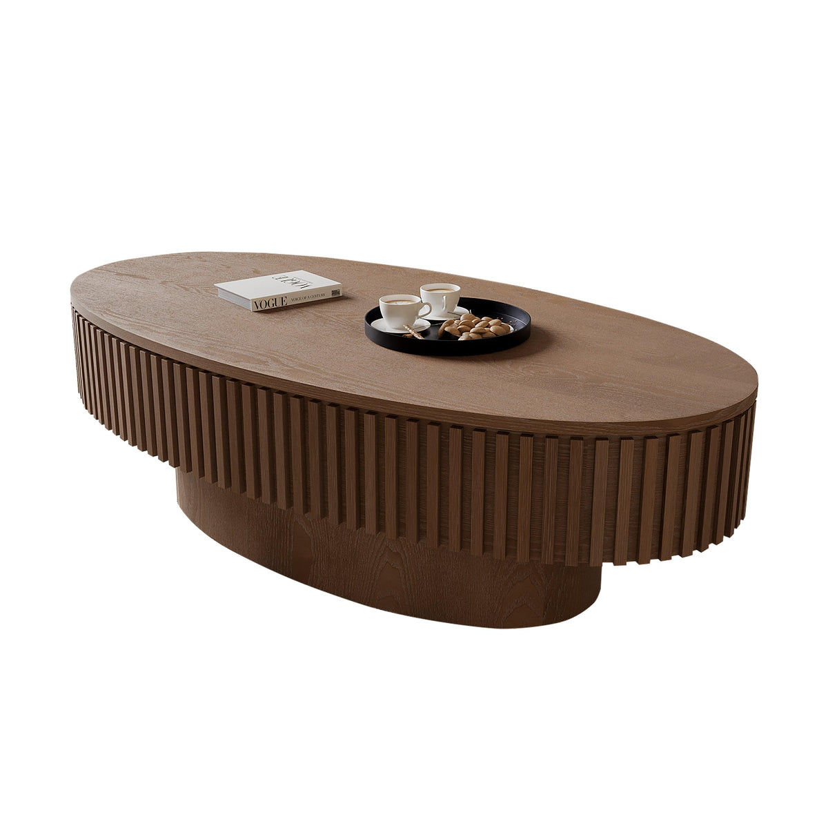 47'' Oval Coffee Table with Storage Solid Wood Veneered Modern Coffee Table Accent Tea Table for Living Room, Bedroom, Apartment or Office, Walnut