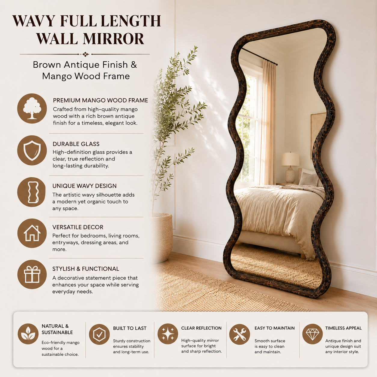 Wavy Full-Length Wall Mirror with Mango Wood Frame, 36x72