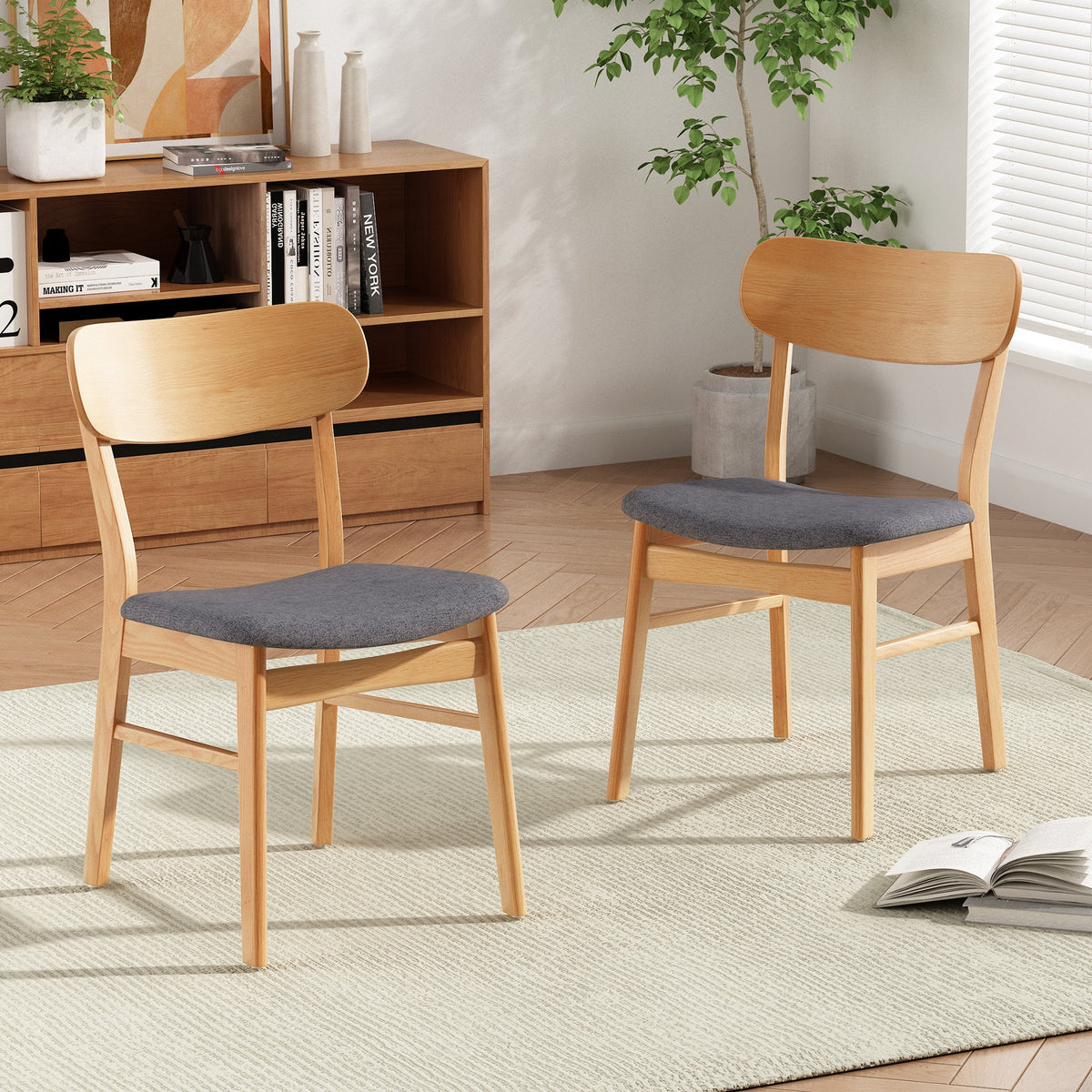 Set of 2 Dining Chairs - Upholstered Seat, Rubberwood Legs