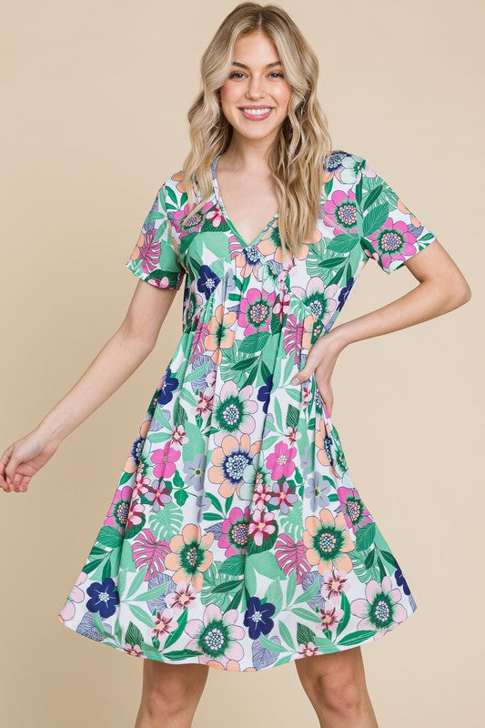 Ruched Floral V-Neck Short Sleeve Summer Dress – Flattering and Feminine Dress with a Chic V-Neckline and Ruched Detailing
