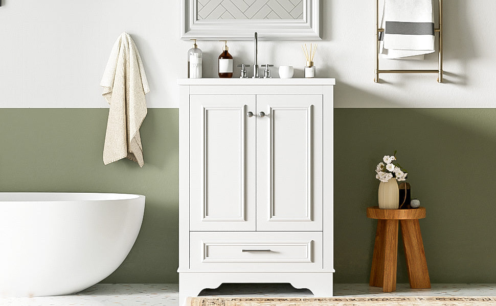 Bathroom Vanity with Ceramic Sink and Modern Freestanding Storage Cabinet, Soft-Close Doors