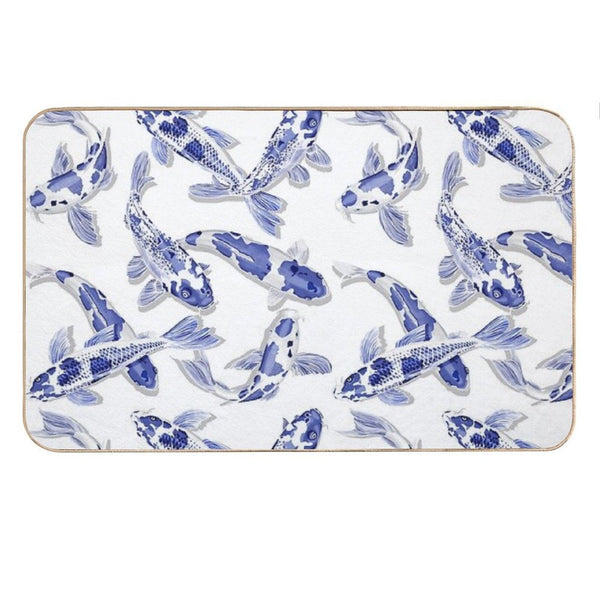 Blue And White Koi Fish Artwork – Zen Wall Decor for Home & Office Bath Mat