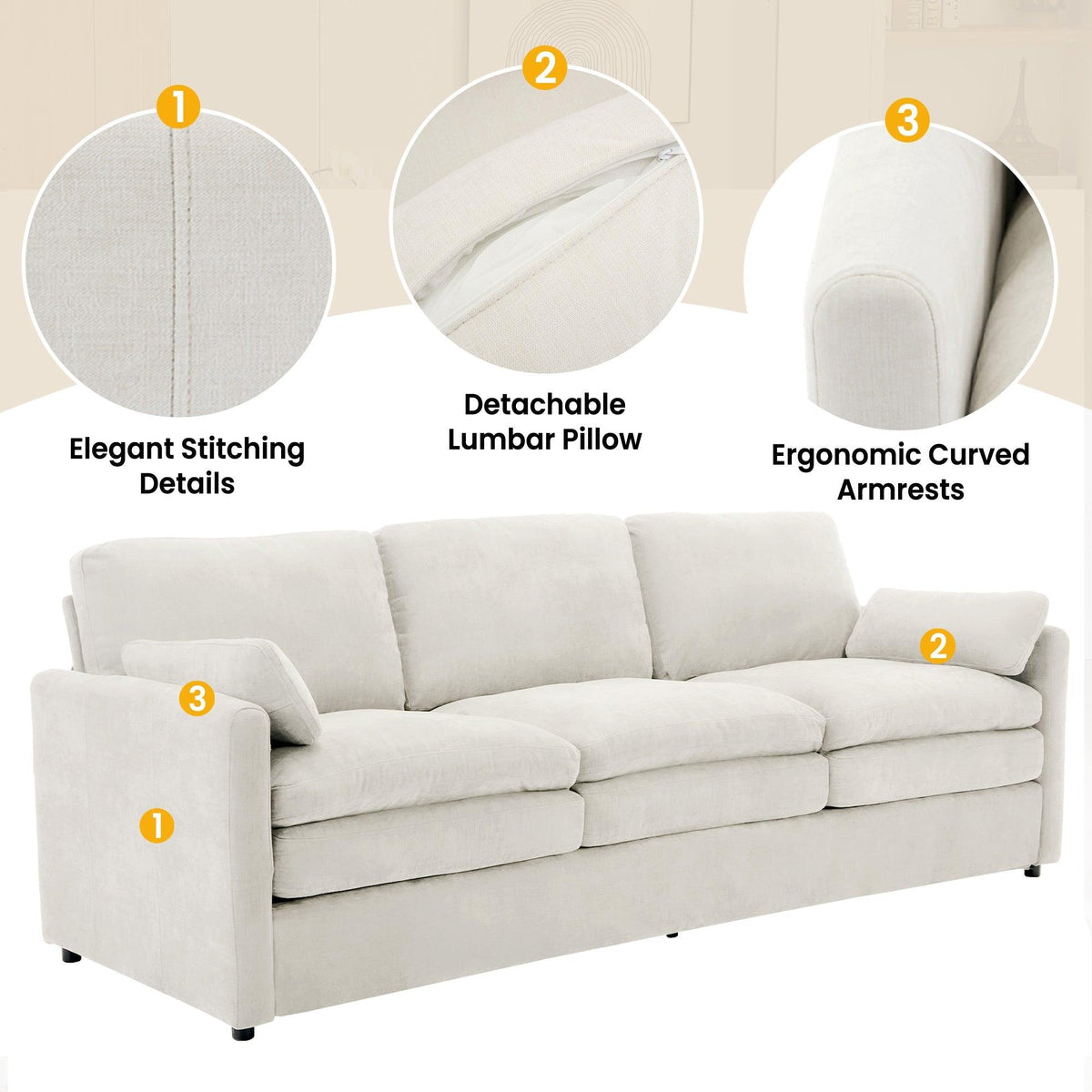 Cozy Upholstered 3-Seater Sofa with Plush Double Cushion and Ergonomic Design