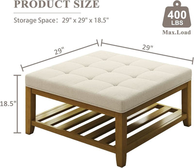 Oversized Ivory Upholstered Ottoman With Wooden Shelf
