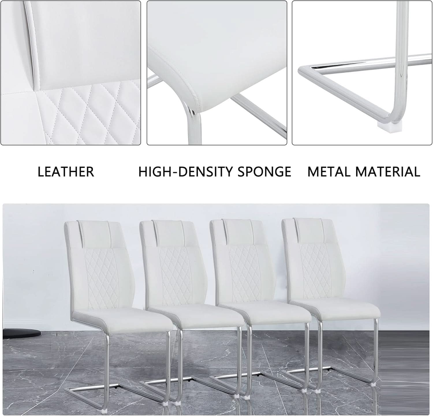 White Faux Leather Dining Chairs Four Pack Chrome Finish
