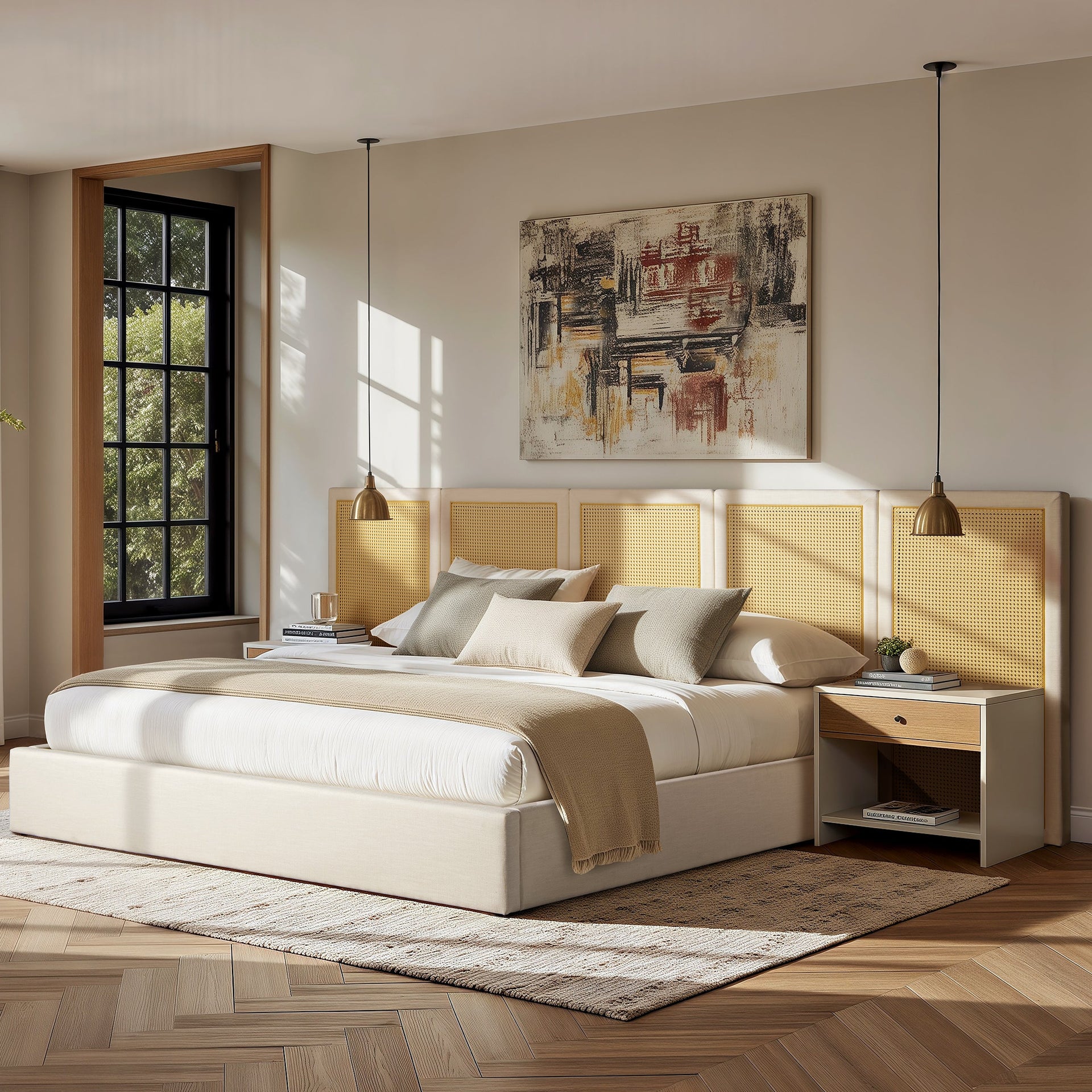 Capri Extended Headboard Cane Platform Bed, Antique
