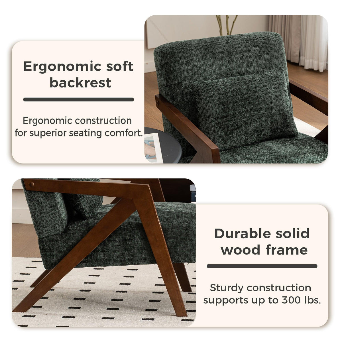 Mid-Century Modern Dark Green Chenille Accent Chair