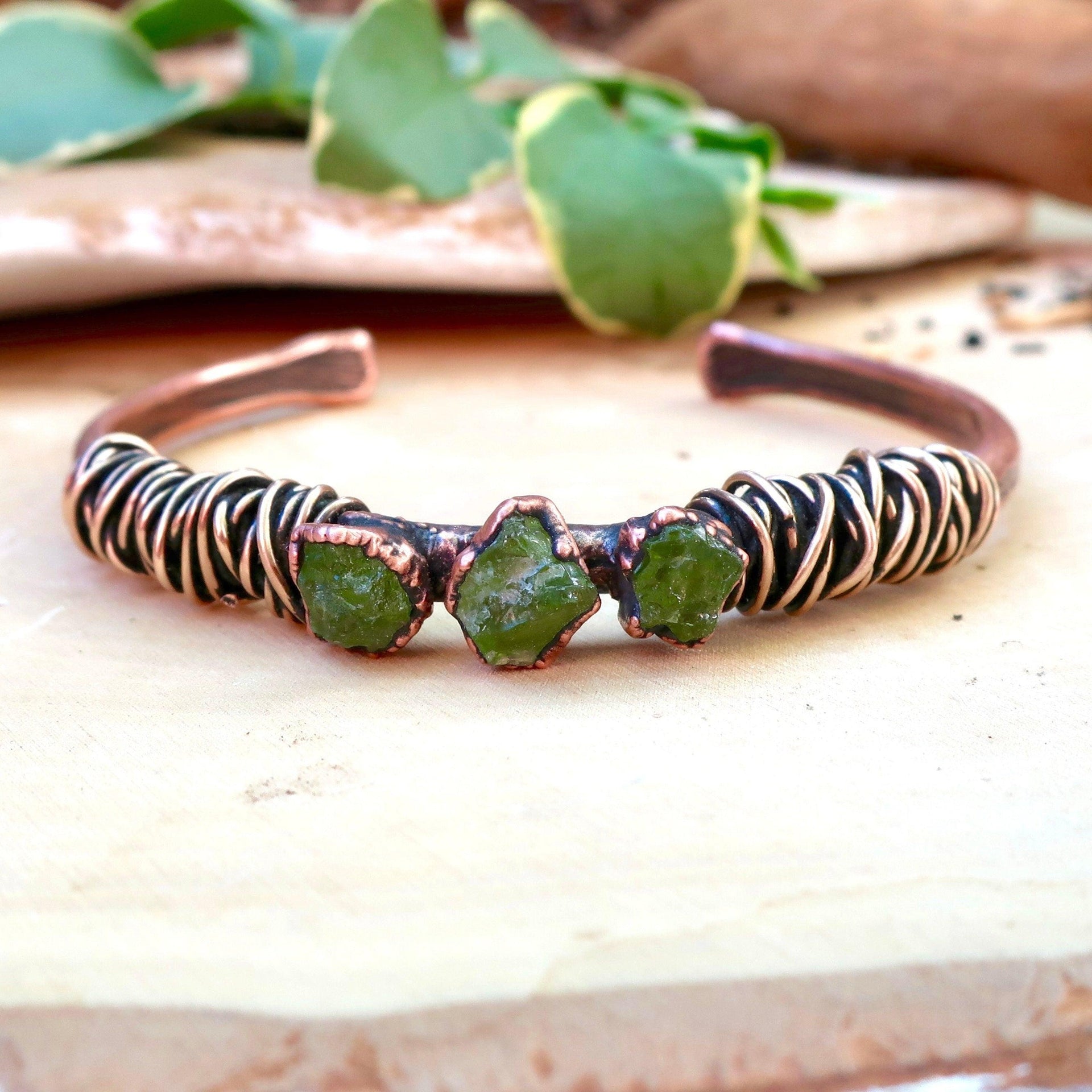 Raw Peridot Copper Cuff - August Stone | Handmade by Blackbird & Sage