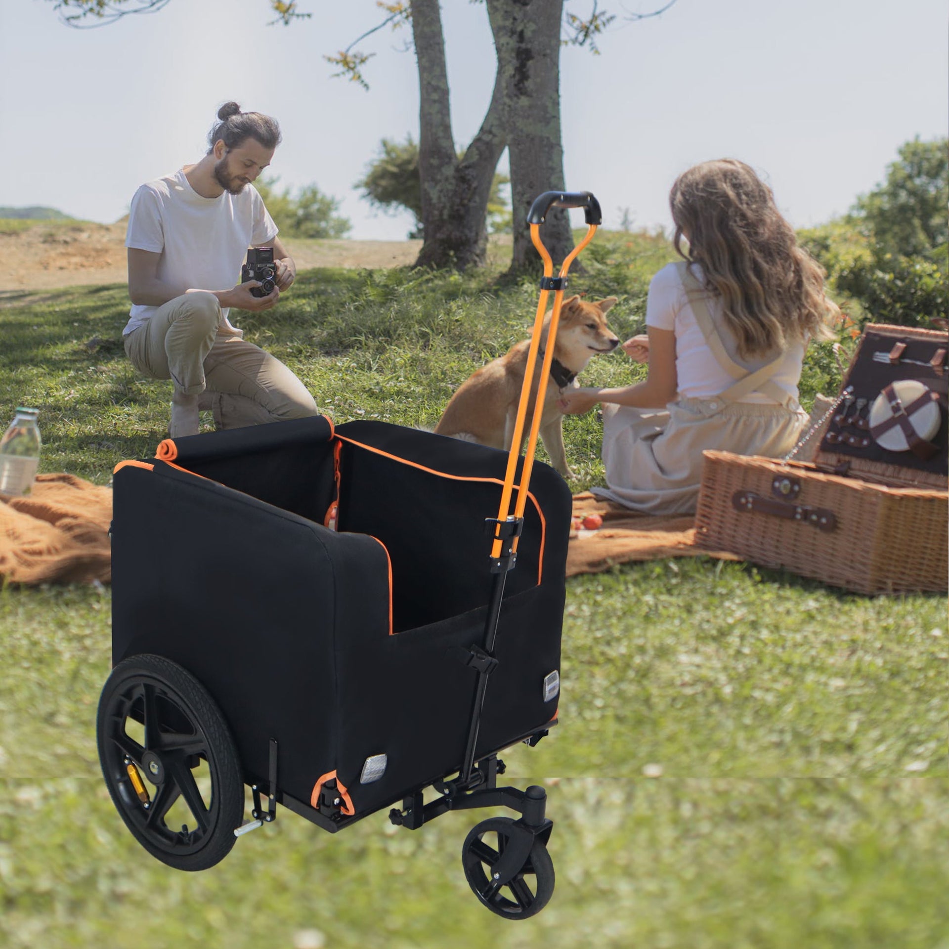2-in-1 Bike & Pull-Behind Pet Trailer – Convertible Dog/Cat Carrier with Detachable Bike Hitch & Built-in Towing Handle – All-Terrain Wheels for Cycling and Hand-Pulled Transport, Orange and Black