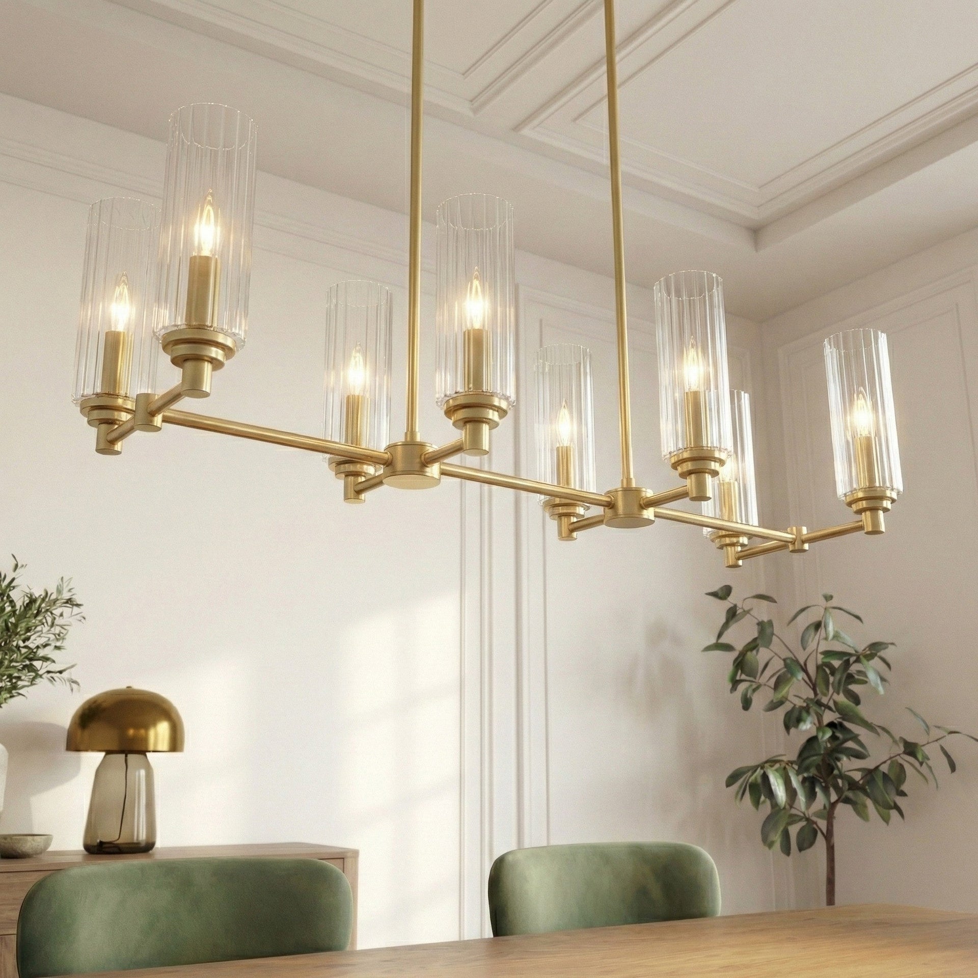 Willow Eight Lights Island with Clear Ribbed Glass Pendant Lamp - Satin