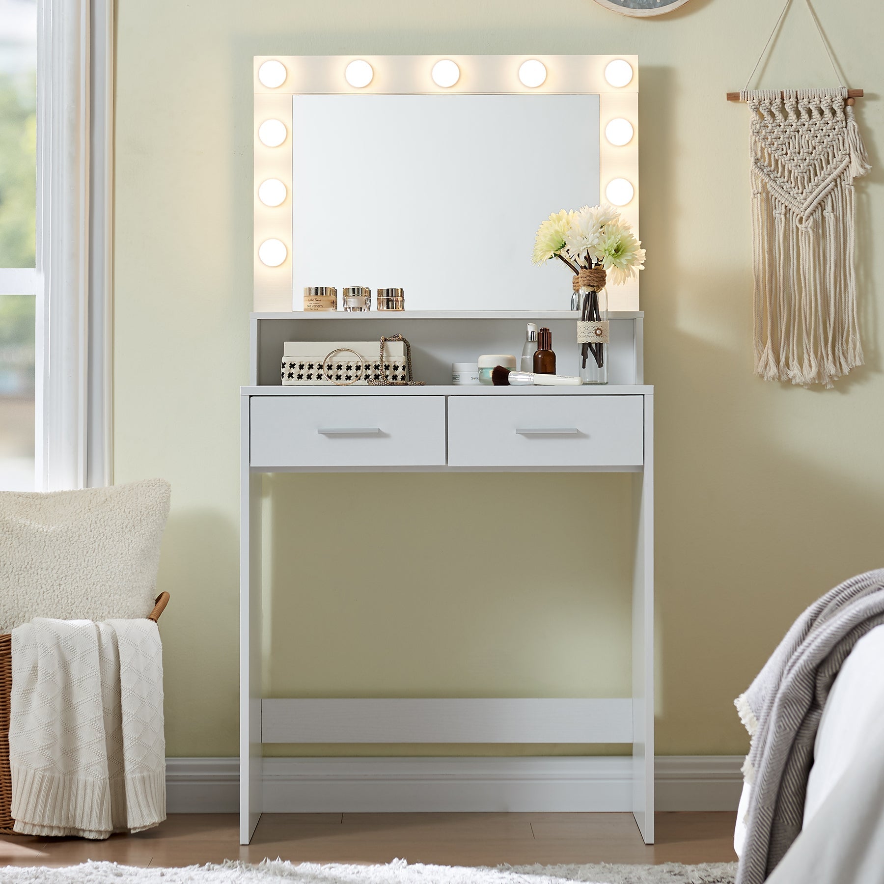 Vanity Desk with Mirror and Lights, Large Drawer and 2-Level Storage, Adjustable Brightness