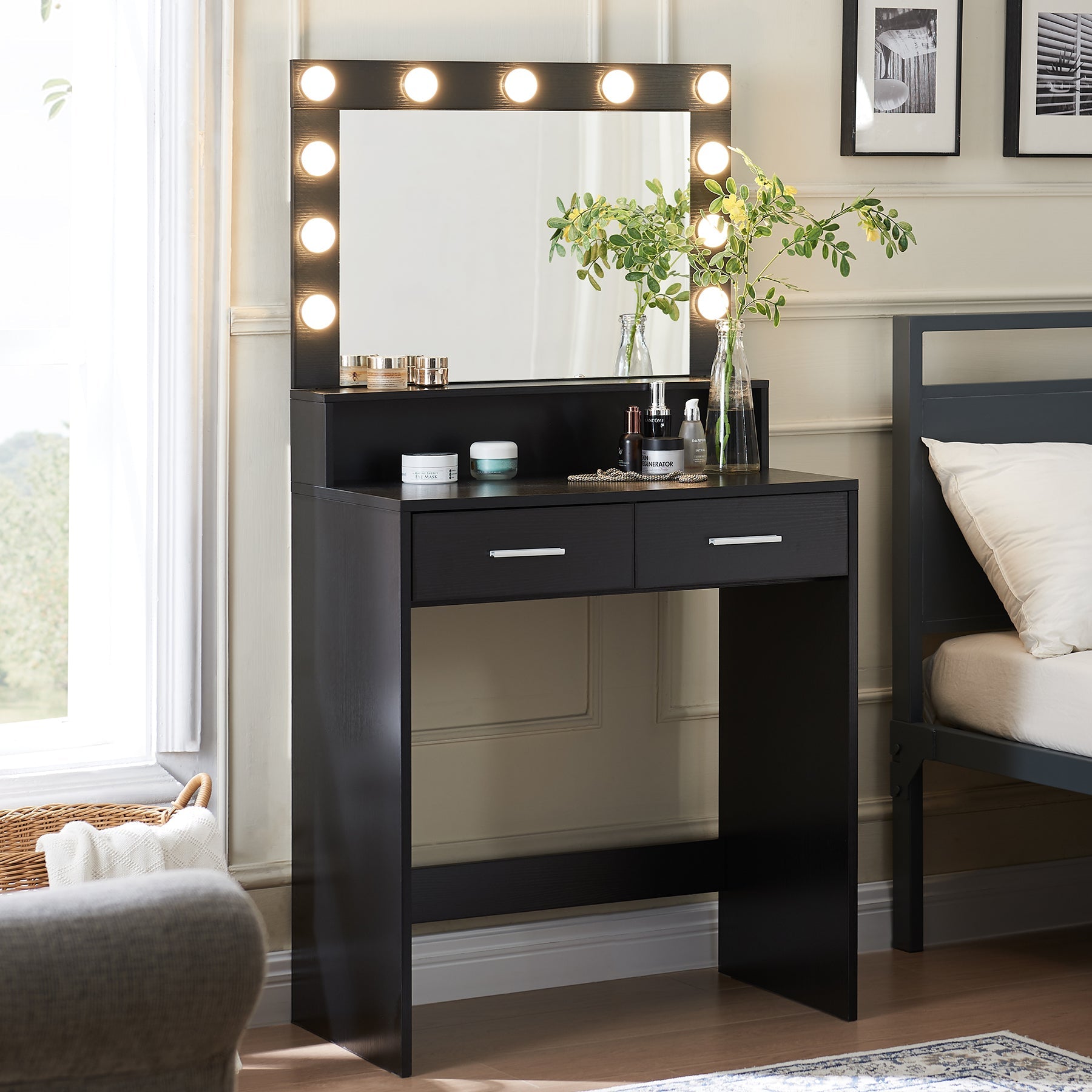Vanity Desk with Mirror and Lights, Large Drawer and 2-Level Storage, Adjustable Brightness