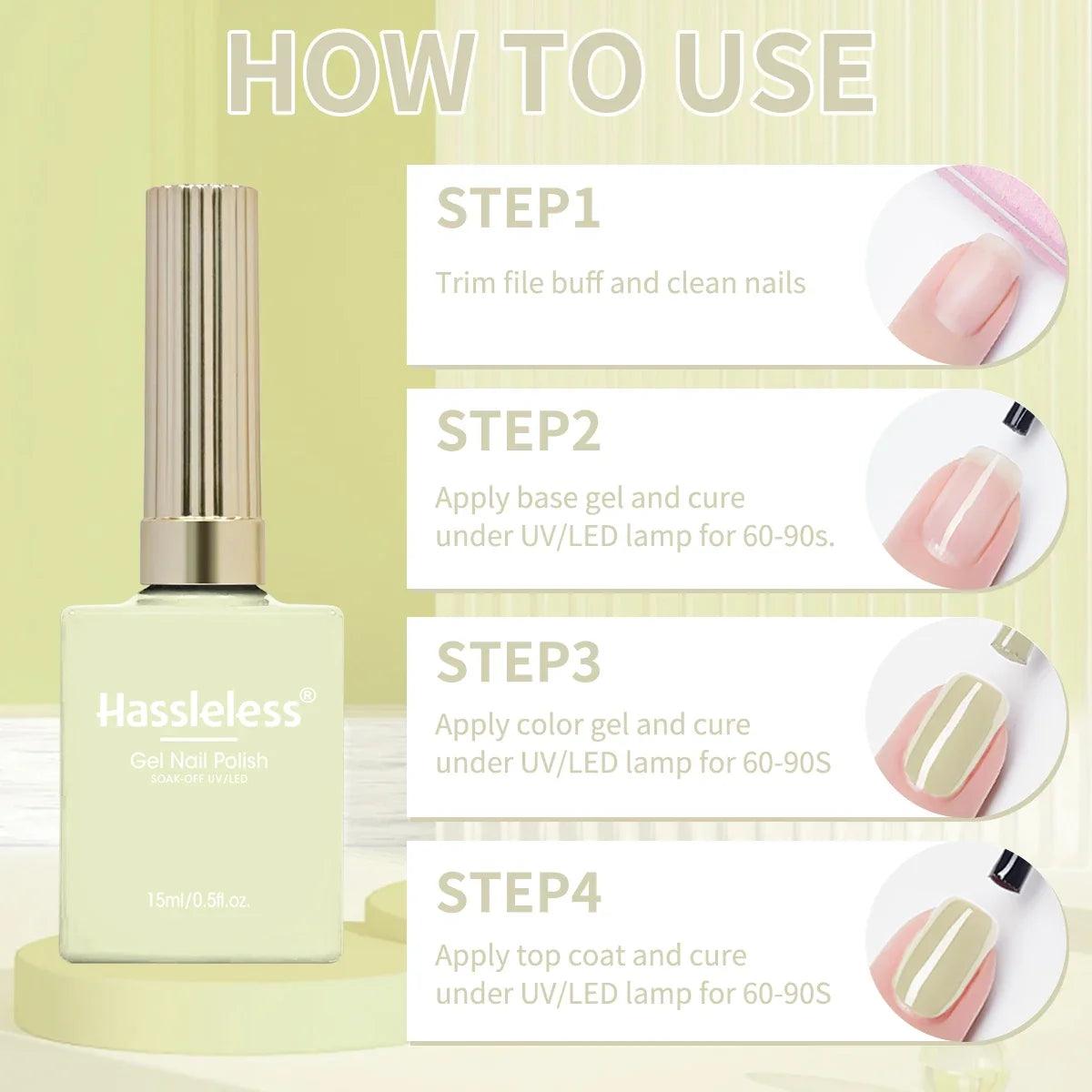 Hassleless 1 Bottle (15ml) Pale Yellow Solid-Color Nail Gel — Simple, Beginner-Friendly Soak-Off Gel Polish, Suitable for All Se