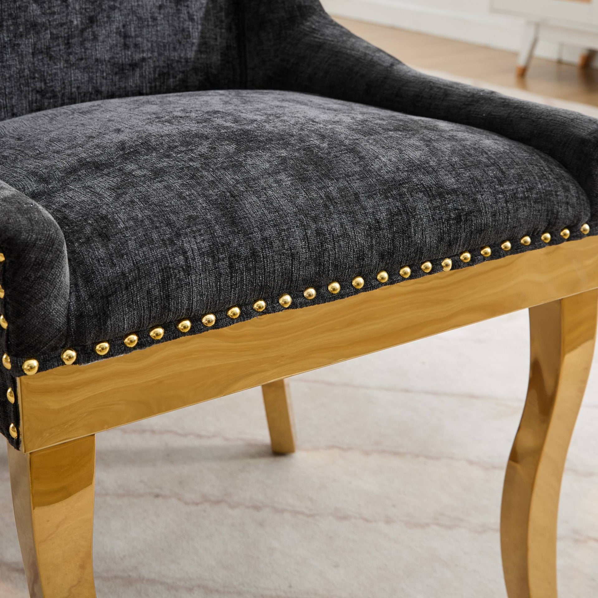 Chenille Dining Chairs Modern Style with Curved Gold-Plated Legs & Rivet Trim