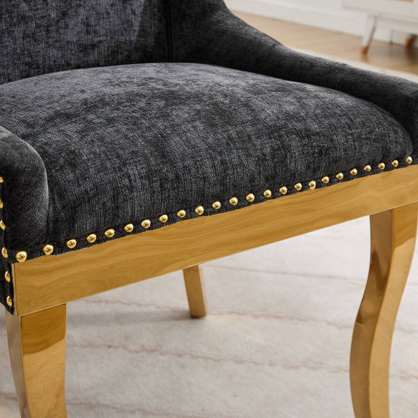 Chenille Dining Chairs Modern Style with Curved Gold-Plated Legs & Rivet Trim