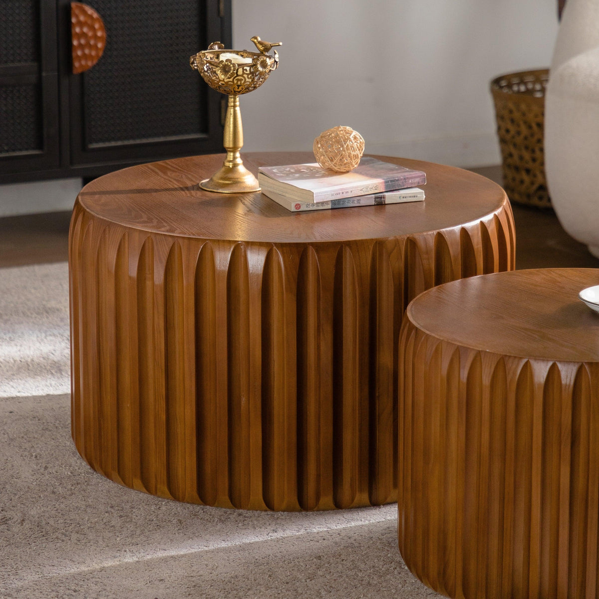 Set of 2nWalnut Fluted Nesting Coffee Table Set – Mid-Century Modern Round Tables