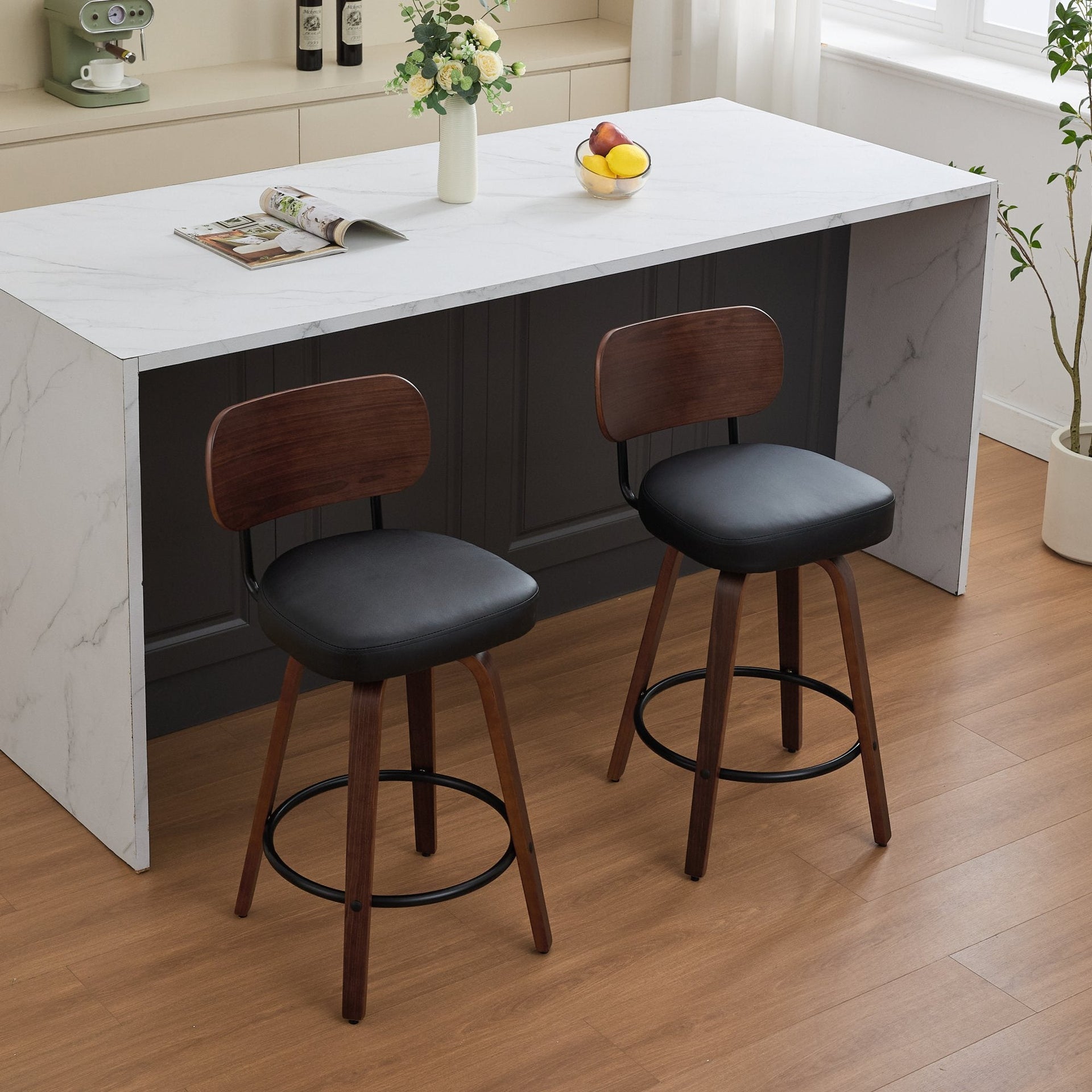 Black PU Leather and Walnut Bentwood Swivel Bar Stool Set