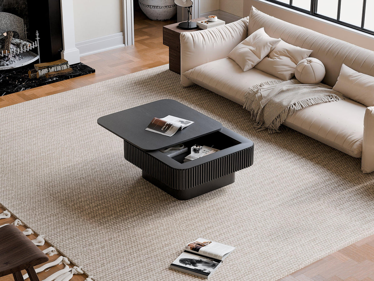 Modern Black Square Coffee Table with Hidden Storage