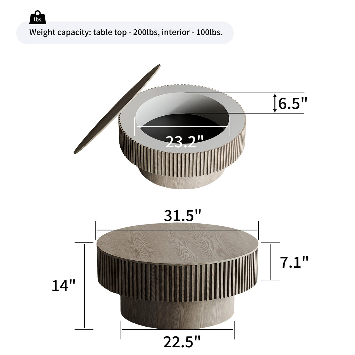 Modern Gray Round Mushroom Coffee Table with Hidden Storage