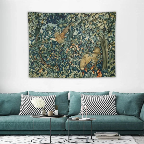 GREENERY, FOREST ANIMALS Pheasant And Fox Blue Green Floral Tapestry Tapestry