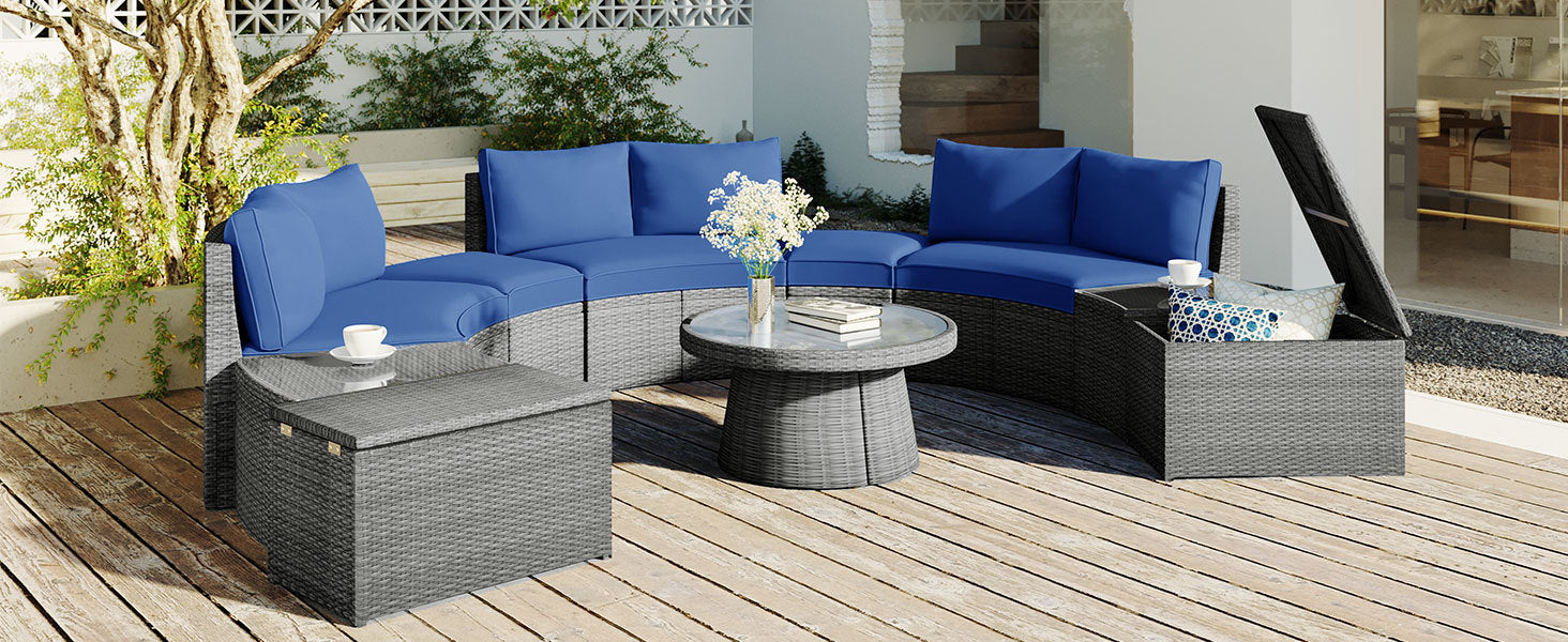 10-Piece Outdoor Sectional Half Round Patio Rattan Sofa Set, PE Wicker Conversation Furniture Set for Free Combination, Blue