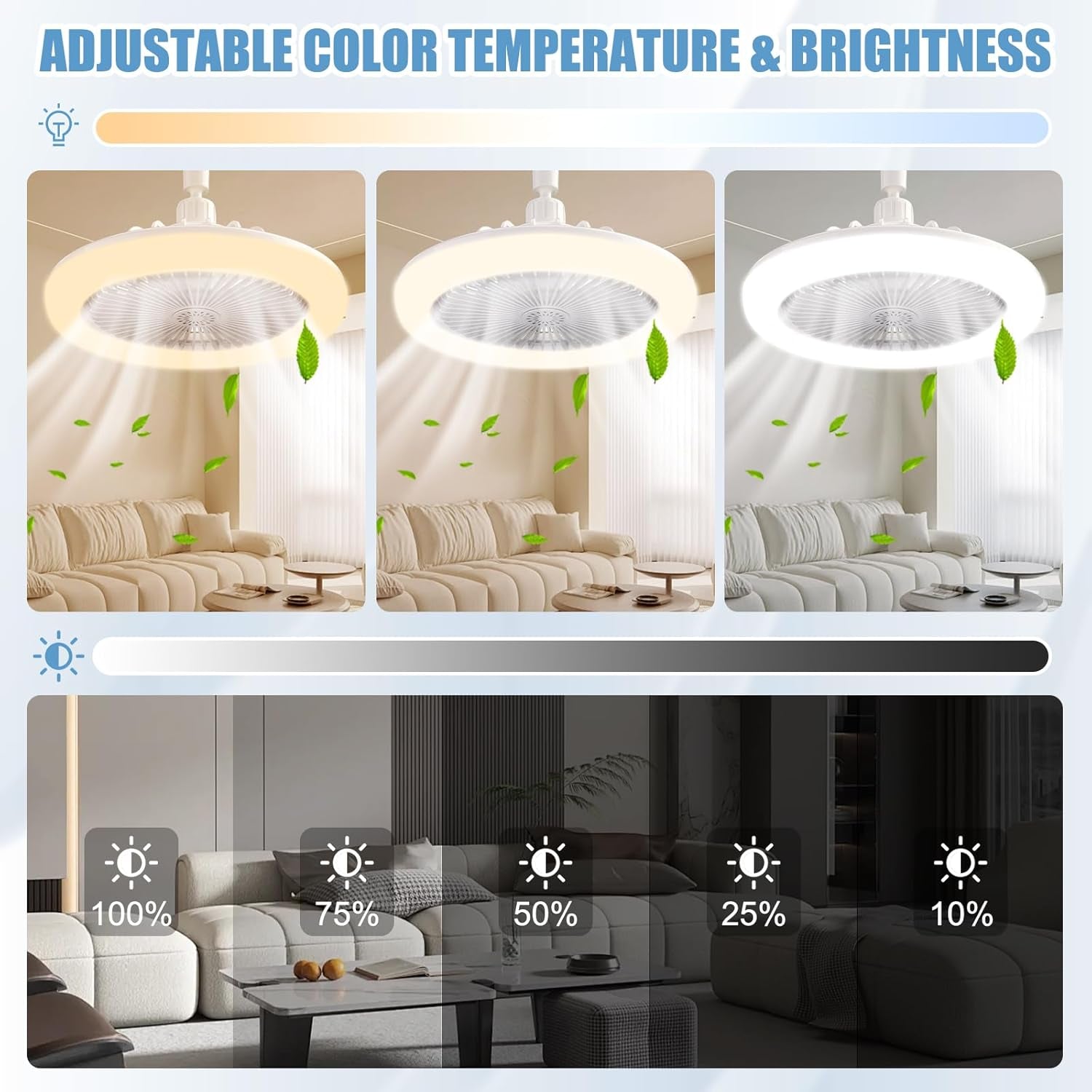 Ceiling Fan with Lights E27 30W Ceiling Light with Fans and Remote Control Timing 3 Color Dimmable LED Lamp 3 Speeds Whisper-Quiet Ceiling Light Bulb Fan for Bedroom Home Office Dormitory