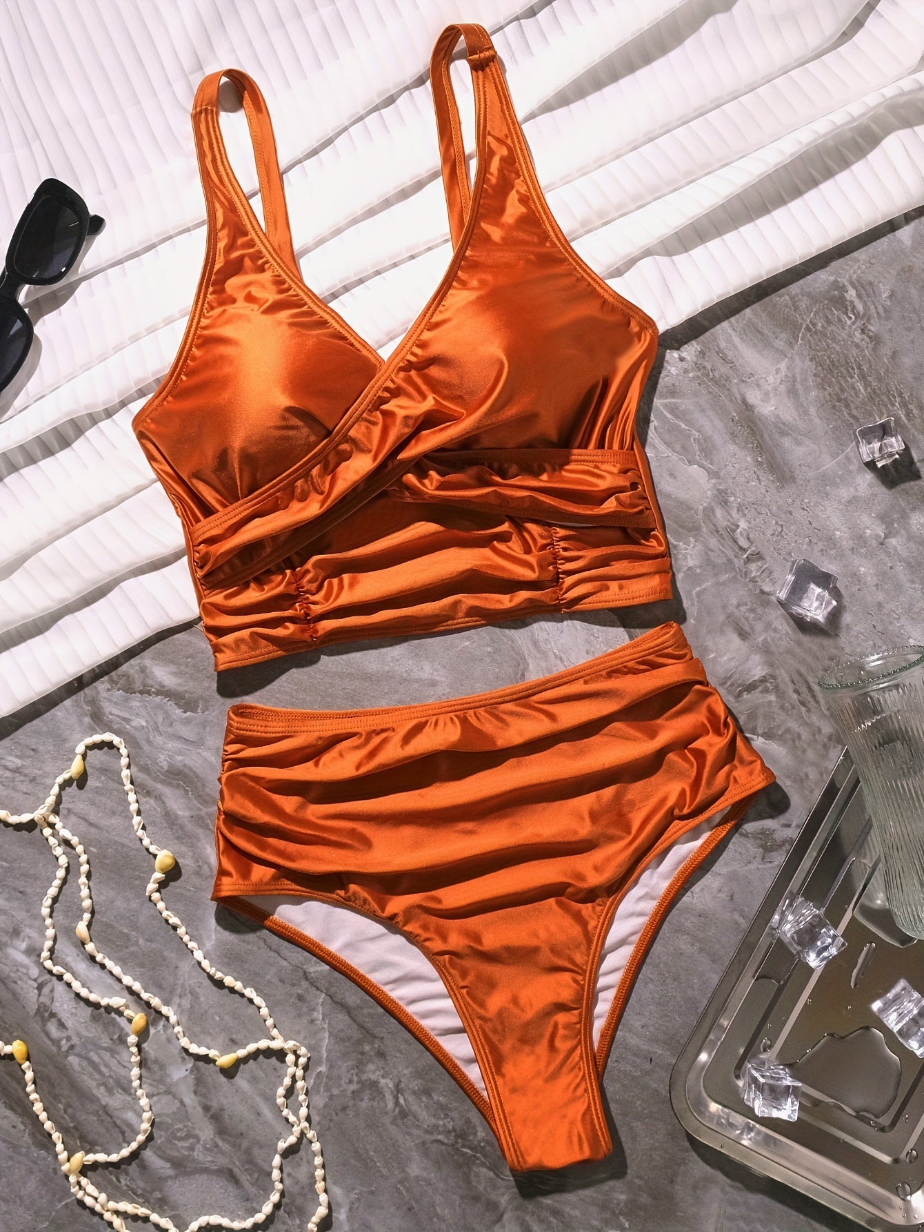 Bikini Solid Black Twist Front High Waist 2 Piece Swimsuit for Women – Stretchy V Neck Bikini Set with Ruched Tummy Control and Cross Strape Detail – Quick Drying Polyamide Swimwear for Beachwear Poolside and Summer Travel