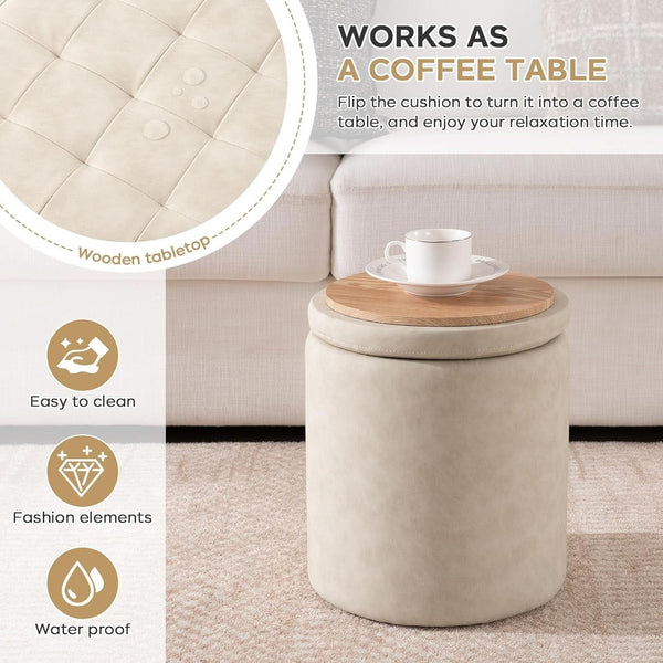 Premium Faux Leather Circular Ottoman With Storage