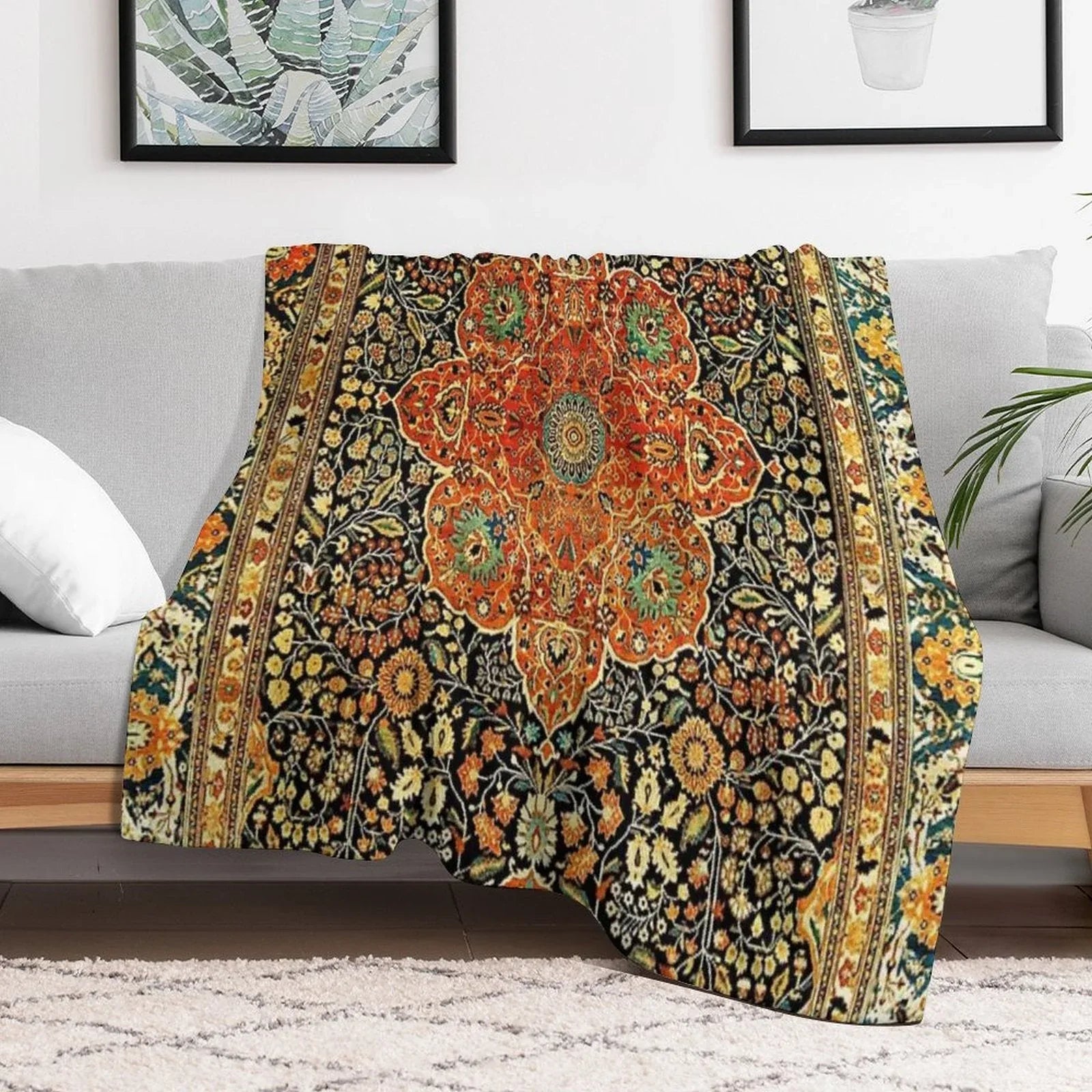 Antique Persian Mohtashem Kashan Rug Print Throw Blanket