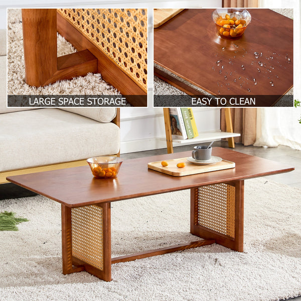 Natural Rubberwood and Solid Wood Coffee Table with Rattan Weave, Modern Minimalist