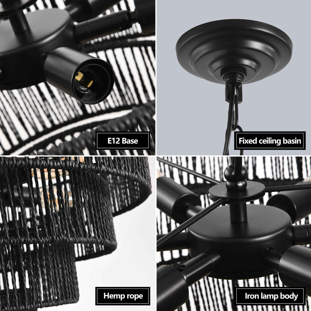 Rustic 4-Tier Black Hemp Rope Chandelier with 6 E12 Sockets, UL Listed