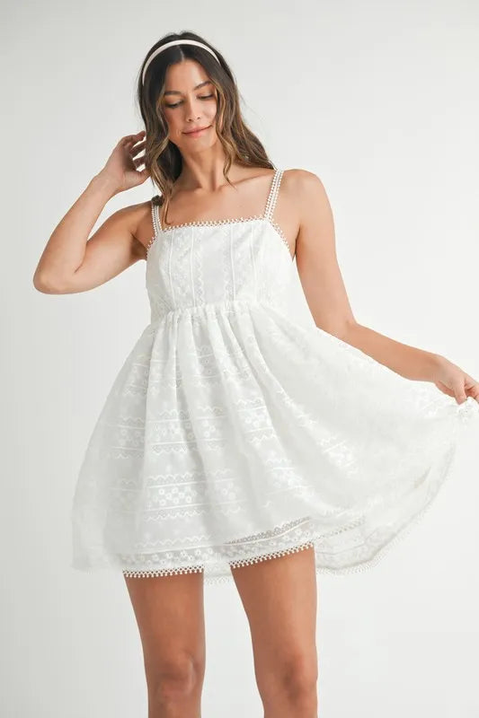 Eyelet Lace Babydoll Mini Cami Dress – Feminine Eyelet Lace Dress, Fluttering, Bohemian Babydoll Silhouette, Breezy Summer Dress, Casual Day Out Dress