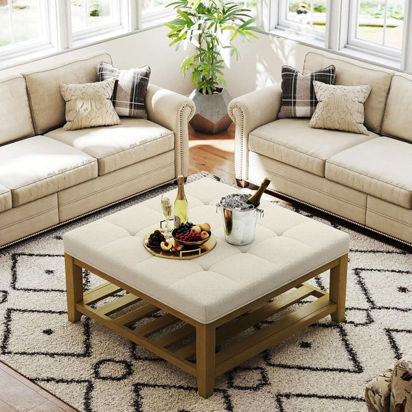 Oversized Ivory Upholstered Ottoman With Wooden Shelf