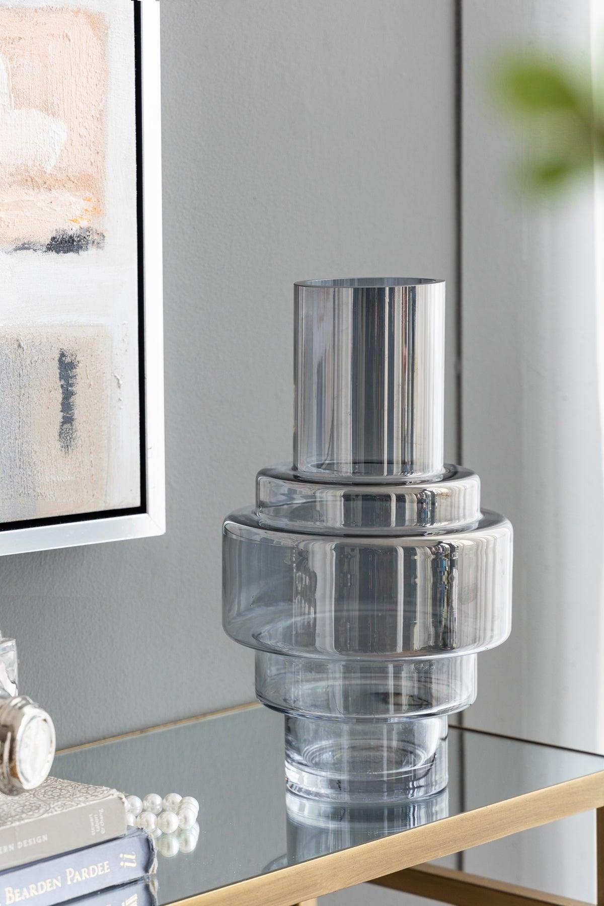 Blue Smoked Geometric Glass Decorative Vase